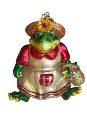 Metallic Frog w/Straw Hat Hand Blown Glass Christmas Ornament 3.75" Tall (READ)
